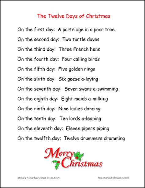 Image of a printable version of the 12 Days of Christmas song lyrics