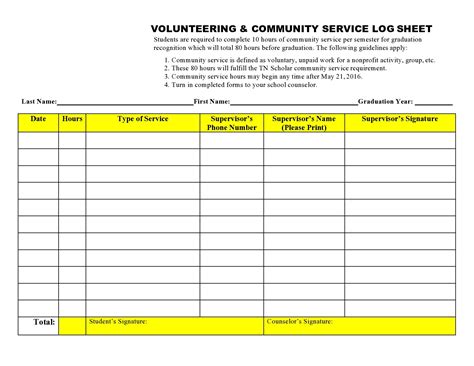 Printable Volunteer Hours Log Sheet Template