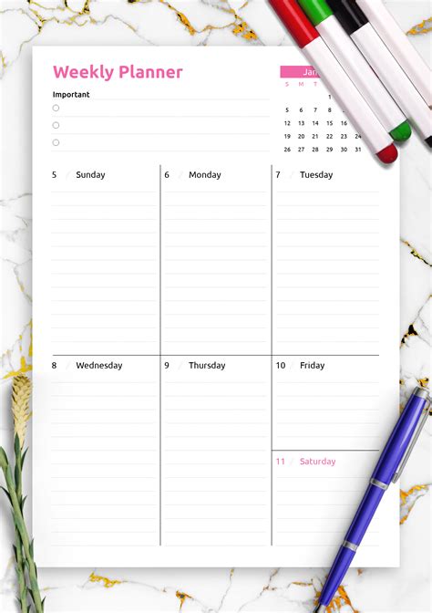 Printable weekly planners with space for tasks and appointments