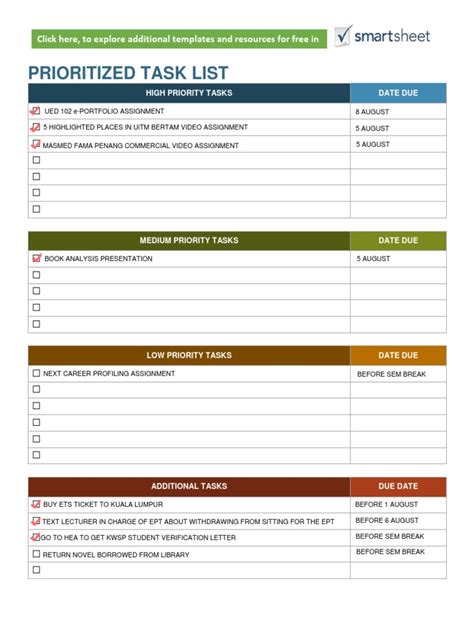 Priority schedule template example