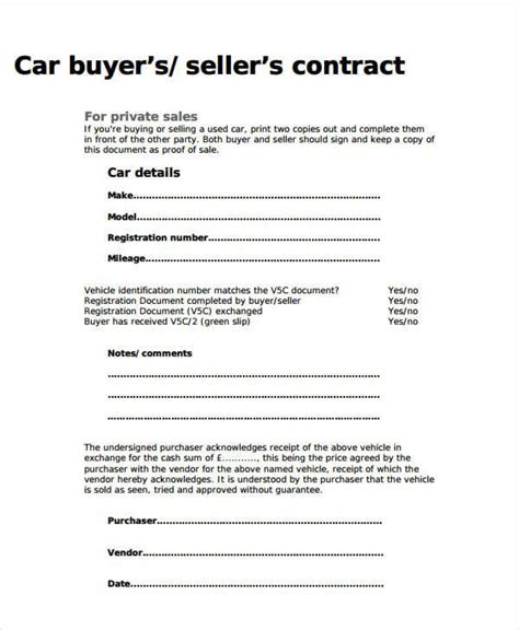 Private Car Sale Agreement Template