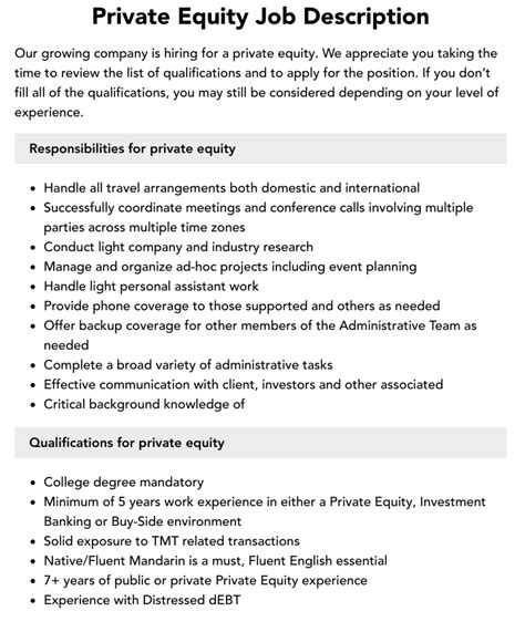 Private Equity Job Description