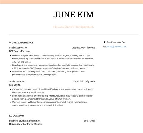 Private Equity Resume Example