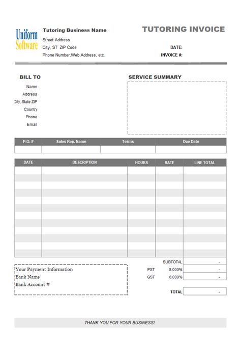 Private Tutoring Invoice Template