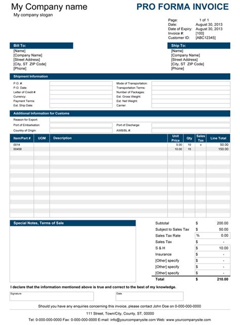 Pro Forma Invoice Template Excel