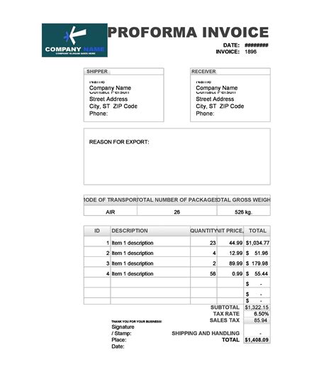 Pro Forma Invoice Template Excel Example 3