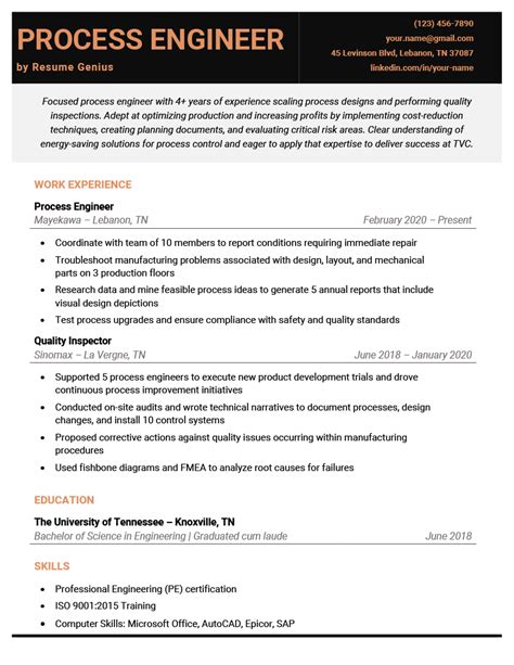 Process Engineer Resume Sample