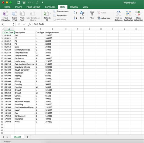 Procore Cost Code Template Example