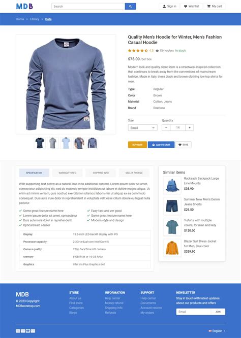 Example of a product page template with mobile-friendliness and responsiveness