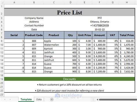 Product Pricing Template in Excel