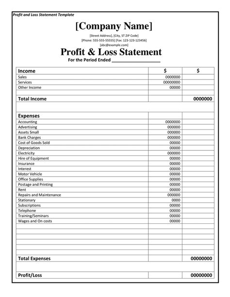 Profit and Loss Statement Template PDF