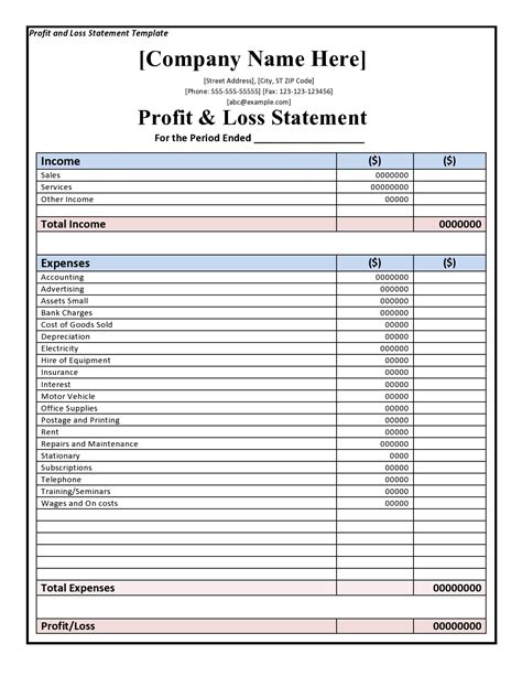 Profit and Loss Template 1