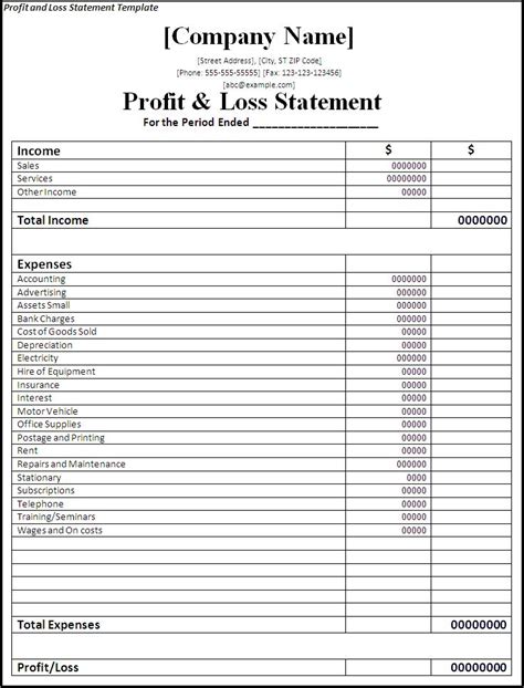 Profit and Loss Statement Template Excel