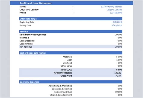 Profit loss template in Excel format