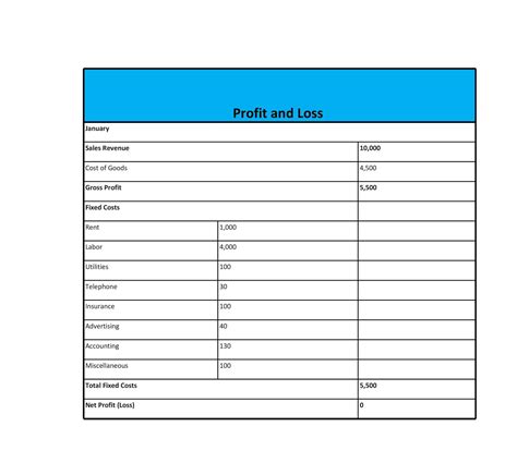 Profit Loss Template Free Download