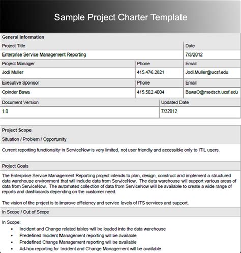 Project Charter Template Example 1