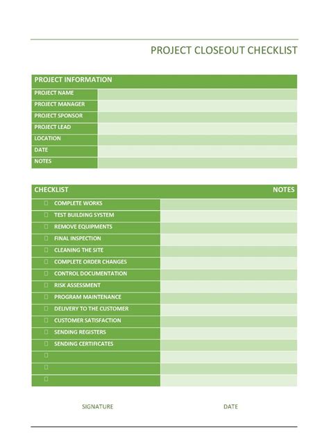 Project Closeout Template