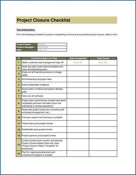 Project Closeout Template