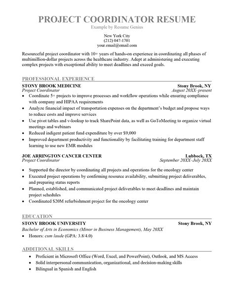 Project Coordinator Resume Sample