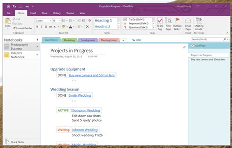 Project Dashboard OneNote