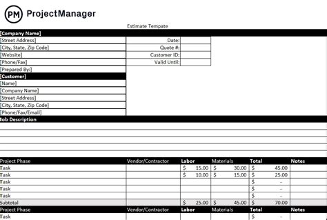 Project Estimate Template Example