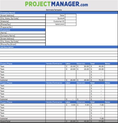 Project Estimate Template Excel