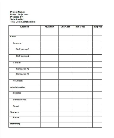 Project Estimate Template Word