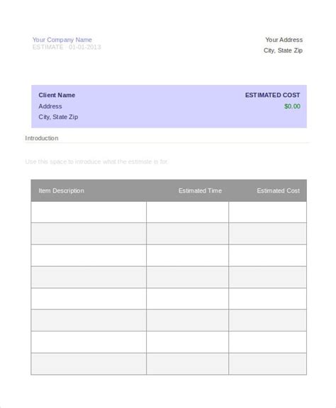 Project Estimation Template Word