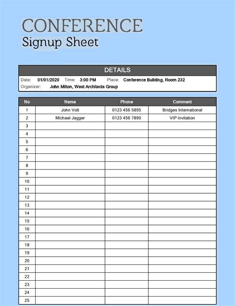 Project Management Sign-Up Sheet Template