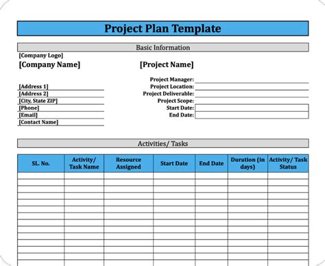 A screenshot of a project plan template in Excel