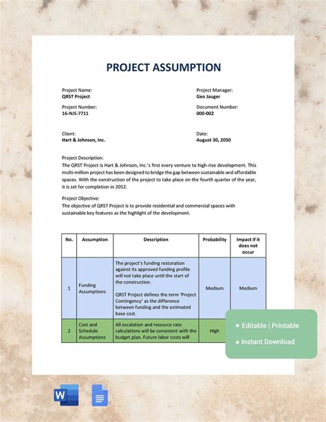 Project Risks and Assumptions Template