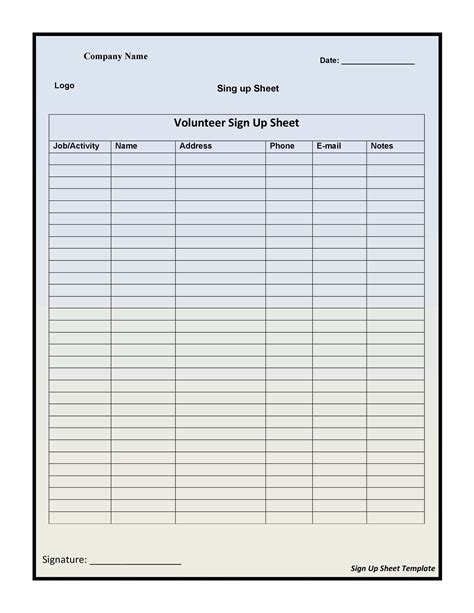 Project sign-up sheet template