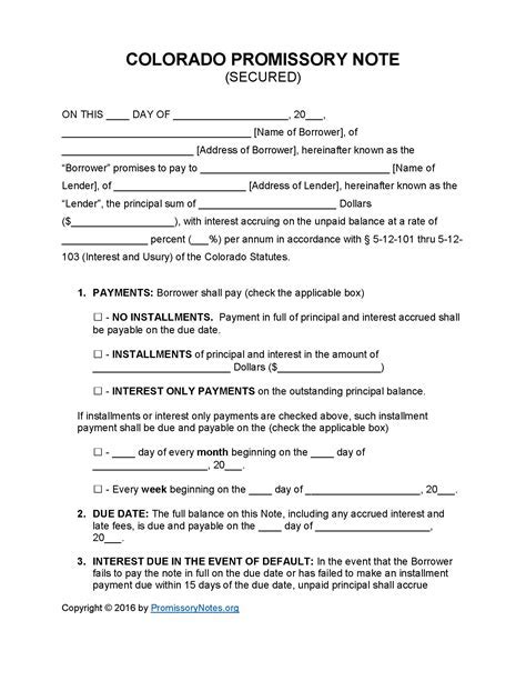 Promissory Note Template Colorado