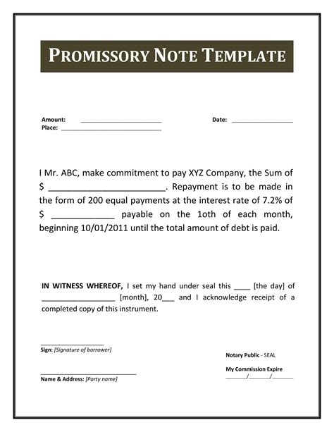 Promissory Note Template in Excel Format