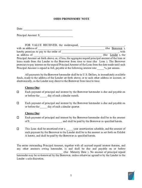 Promissory Note Template Fillable Ohio