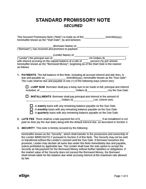 Promissory Note Template for Secured Loans