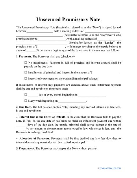 Promissory Note Template for Unsecured Loans