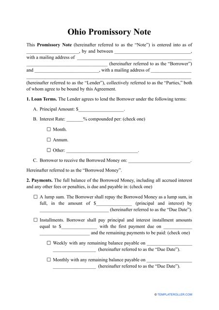 Promissory Note Template Ohio Law