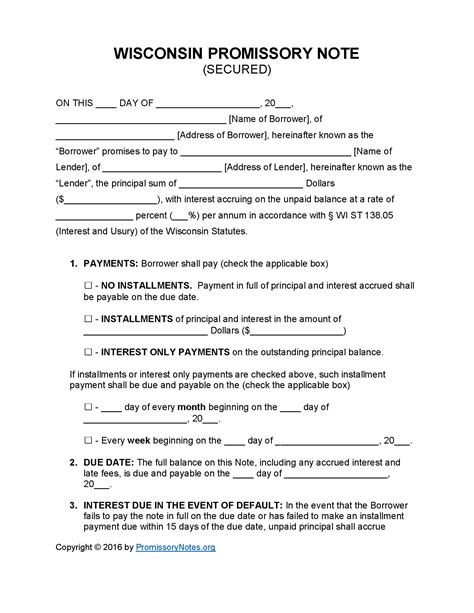 Promissory Note Template Wisconsin 1