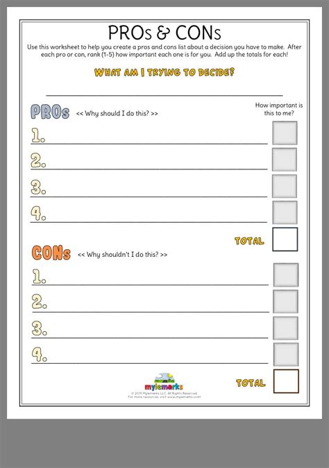 Pros Cons Worksheets