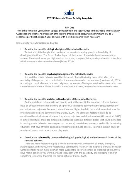 Example Answer to Psy 215 Module Three Activity Template