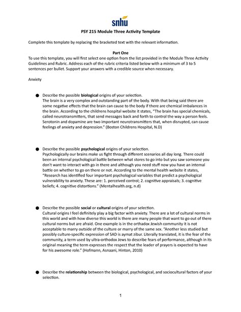 Practice Examples for Psy 215 Module Three Activity Template