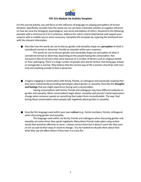 Example of Psy 215 Module Three Activity Template