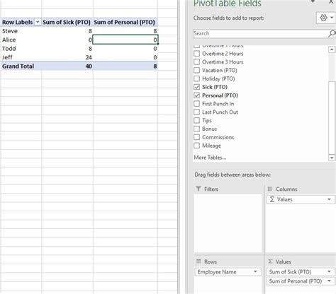 PTO PivotTable in Excel