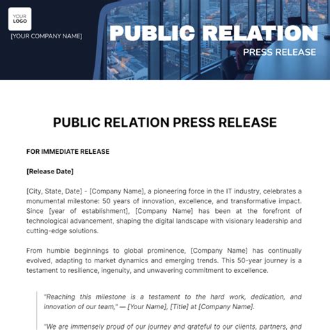 Public Relations Press Release Template