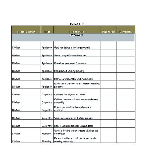 Punch List Template for Home Renovation