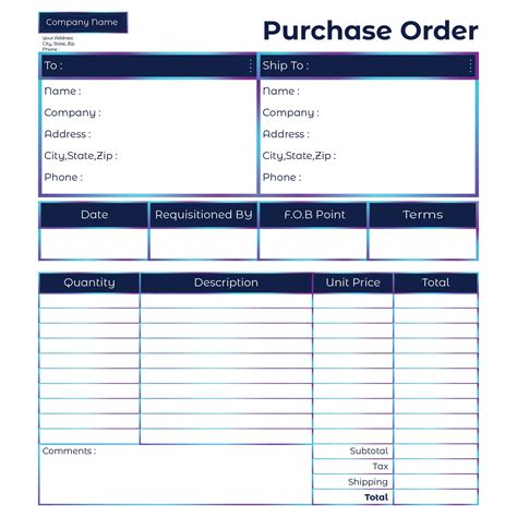 A purchase order template on a desk with a pen and a calculator