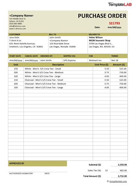 Purchase Order Template Examples