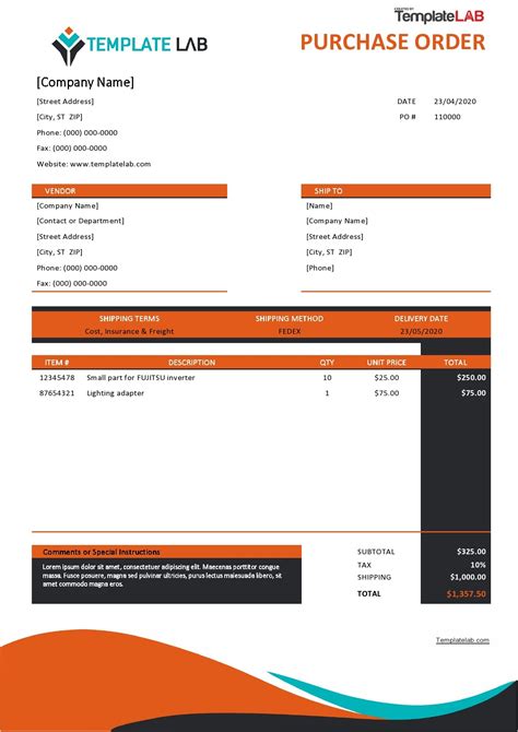 A purchase order template layout