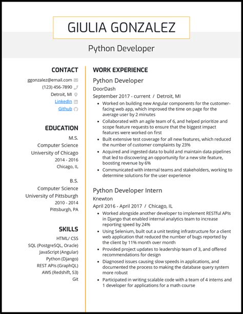 Python Developer Resume Sections